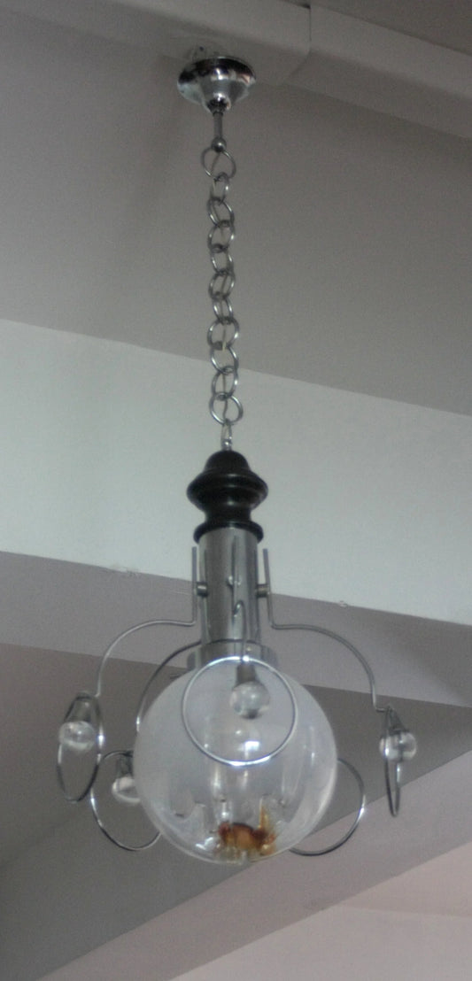 Lampadario vintage mazzega anni 70 in cromo e vetro con design space age sospeso in stile italiano