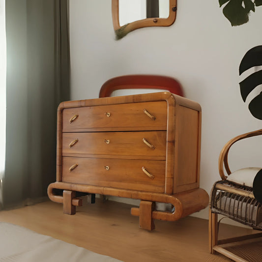 Cassettiera in noce art decò con tre cassetti e dettagli curvi stile anni 50 mid century modern italiana dario raia antiquariato