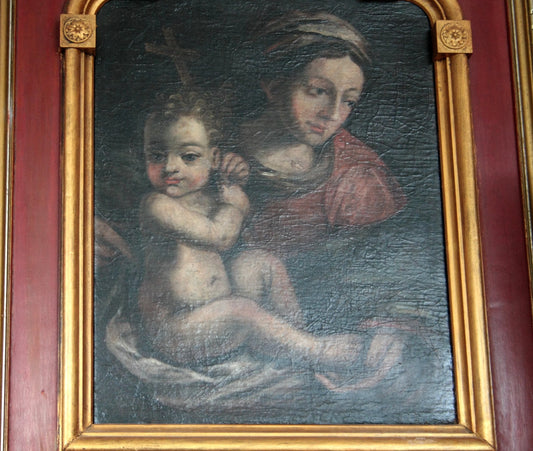 Tela raffigurante madonna con bambino in dipinto olio del nord italia, ultimo decennio xvi secolo