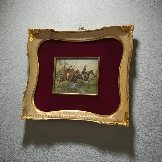 Miniatura olio su tela inglese del xix secolo con straordinaria miniatura firmata e cornice dorata su velluto rosso