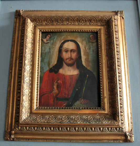 Framed icona ortodossa cristos pantocratore xviii secolo area russa in legno e tempera con dettagli dorati
