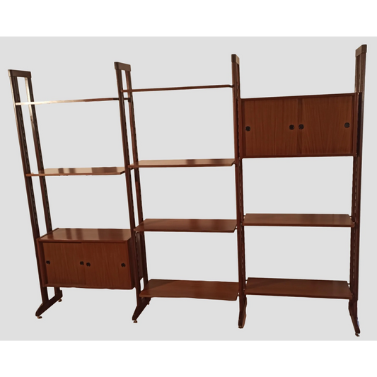 Libreria vintage modulare in teak, design italiano anni 60 con ripiani e armadietti