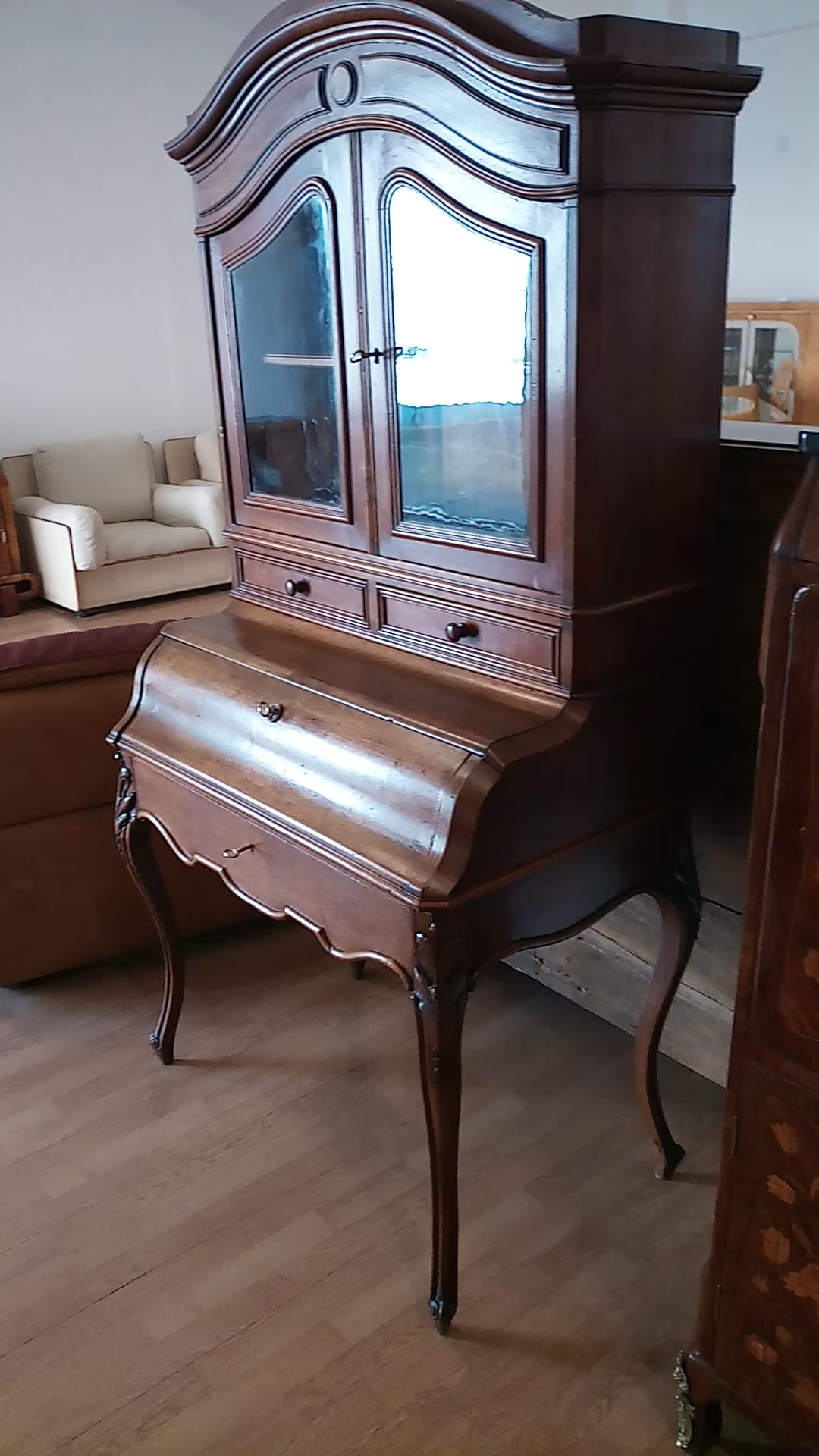 Credenza scrittoio in rovere massello con vetrina vintage restaurata XIX secolo