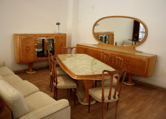 Camera da pranzo vittorio dassi anni 50 stile mid-century moderna in legno e vetrina elegante per dario raia antiquariato